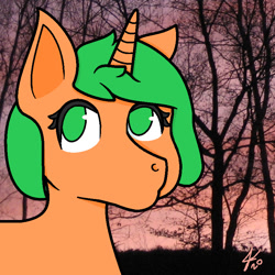 Size: 800x800 | Tagged: safe, artist:arthu, oc, oc only, pony, unicorn, aesthetics, female, horn, mare, no pupils, outdoors, real life background, sky, solo, tree