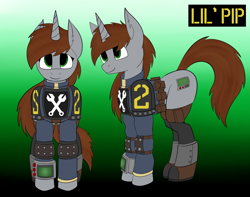 Size: 2641x2085 | Tagged: safe, artist:rorrek, oc, oc only, oc:littlepip, pony, unicorn, fallout equestria, armor, eyes open, female, gradient background, green eyes, high res, mare, pipbuck, reference sheet, solo, text