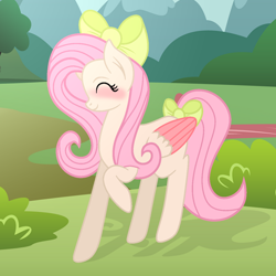 Size: 1200x1200 | Tagged: safe, artist:elisabetstarsparkle, oc, oc only, pegasus, pony, blushing, bow, colored wings, eyes closed, female, hair bow, mare, not fluttershy, offspring, parent:big macintosh, parent:fluttershy, parents:fluttermac, raised hoof, tail, tail bow, wings