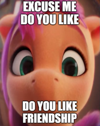 Size: 483x610 | Tagged: safe, edit, edited screencap, screencap, sunny starscout, earth pony, pony, g5, my little pony: a new generation, spoiler:my little pony: a new generation, 3d, caption, eye contact, female, looking at each other, mare, meme, solo, text