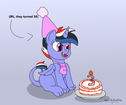 Size: 3633x3030 | Tagged: safe, artist:small-brooke1998, oc, oc only, oc:frema, hybrid, pony, birthday cake, cake, eye clipping through hair, food, gradient background, high res, open mouth, open smile, smiling