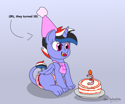 Size: 3633x3030 | Tagged: safe, artist:small-brooke1998, oc, oc only, oc:frema, hybrid, pony, birthday cake, cake, diaper, eye clipping through hair, food, gradient background, high res, open mouth, open smile, smiling, solo