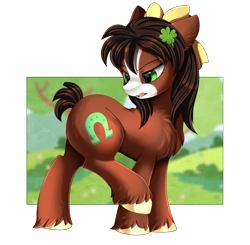 Size: 2809x2750 | Tagged: safe, artist:pridark, trouble shoes, earth pony, pony, g4, cutie mark, eyebrows, eyebrows visible through hair, female, frown, high res, looking back, mare, open mouth, patreon, patreon reward, raised hoof, rule 63, simple background, solo, transparent background, troubleheels clara, unshorn fetlocks
