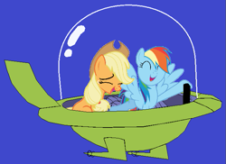 Size: 647x472 | Tagged: safe, artist:guihercharly, applejack, rainbow dash, g4, driving, female, glass dome, hanna barbera, laughing, lesbian, ship:appledash, shipping, space car, space ship, the jetsons