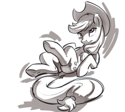 Size: 2712x2425 | Tagged: safe, artist:kam, applejack, earth pony, pony, g4, cutie mark, female, frown, hat, high res, lying down, mare, monochrome, on back, simple background, solo, tail, white background