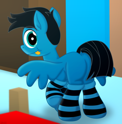 Size: 6494x6600 | Tagged: safe, artist:agkandphotomaker2000, oc, oc only, oc:pony video maker, pegasus, pony, bed, bedroom, blurred object, butt, closet, clothes, dock, looking at you, plot, raised hoof, socks, solo, spread wings, striped socks, tail, tongue out, wings