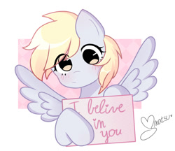 Size: 705x609 | Tagged: safe, artist:arwencuack, derpy hooves, pegasus, pony, g4, blushing, confused, cute, derpabetes, female, misspelling, positive ponies, sign, solo