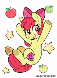 Size: 2480x3366 | Tagged: safe, artist:higglytownhero, apple bloom, earth pony, pony, g4, adorabloom, apple, colored, cute, eyebrows, eyebrows visible through hair, female, filly, foal, food, high res, looking at you, open mouth, open smile, simple background, smiling, smiling at you, solo, stars, white background