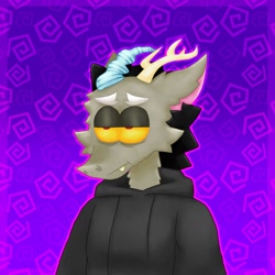 Size: 1280x1280 | Tagged: safe, artist:sillguts, discord, draconequus, g4, abstract background, black hair, clothes, dysphoria, fangs, frown, hoodie, horns, lidded eyes, male, outline, purple background, simple background, solo, swirls, unhappy