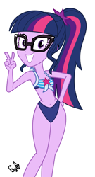 Size: 2209x4096 | Tagged: safe, artist:flutteryaylove, sci-twi, twilight sparkle, equestria girls, equestria girls series, forgotten friendship, g4, bikini, clothes, female, grin, high res, looking at you, peace sign, sci twi is watching you, simple background, smiling, smiling at you, solo, swimsuit, white background