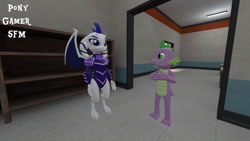 Size: 1280x720 | Tagged: safe, artist:php170, princess ember, spike, dragon, robot, g4, 3d, animatronic, ballora, ballora ember, crossover, dragoness, eye contact, female, filly location, five nights at freddy's, five nights at freddy's: sister location, five nights at pinkie's, implied emberspike, looking at each other, looking up, male, older, older spike, parody, pawn shop, rick and morty, scene interpretation, scene parody, sex doll, source filmmaker, teenage spike, teenaged dragon, teenager