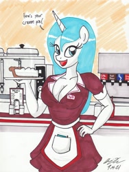 Size: 2076x2765 | Tagged: safe, artist:newyorkx3, oc, oc only, oc:yuki, unicorn, anthro, big breasts, breasts, cleavage, dialogue, female, food, hand on hip, high res, looking at you, mare, open mouth, pie, solo, traditional art, waitress