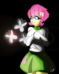 Size: 1600x2000 | Tagged: safe, artist:diamondgreenanimat0, fluttershy, butterfly, human, equestria girls, g4, arms in the air, black background, breasts, busty fluttershy, clothes, cutie mark, pink hair, scarf, shadow, simple background, skirt, surprised, sweater, sweatershy, watching
