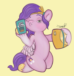 Size: 1280x1323 | Tagged: safe, artist:amynewblue, pipp petals, pegasus, pony, g5, adorapipp, beans, can, cellphone, cute, duckface, female, food, hoof hold, izzy's beans, mare, one eye closed, phone, selfie, simple background, smartphone, solo, wink, yellow background