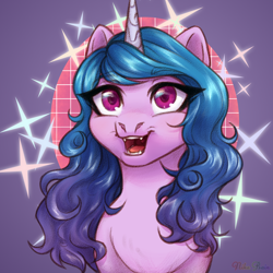 Size: 1500x1500 | Tagged: safe, artist:nika-rain, izzy moonbow, pony, unicorn, g5, bust, cute, cute little fangs, fangs, portrait, simple background, sketch, smiling, solo