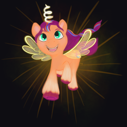 Size: 1280x1280 | Tagged: safe, artist:amynewblue, sunny starscout, earth pony, pony, g5, artificial wings, augmented, female, flying, magic, magic wings, mare, solo, unshorn fetlocks, wings