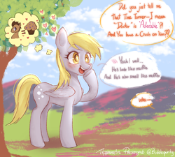 Size: 3000x2700 | Tagged: safe, artist:bubblepurity, derpy hooves, doctor whooves, time turner, earth pony, pegasus, pony, g4, background pony, blushing, chat, cute, derp, derpabetes, engrish, female, food, heart, heart eyes, high res, implied carrot top, implied doctorderpy, implied shipping, implied straight, male, mare, muffin, ponyville, ship:doctorderpy, shipping, solo, straight, translated in the description, tree, wingding eyes
