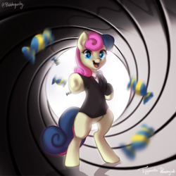 Size: 2700x2700 | Tagged: safe, artist:bubblepurity, bon bon, sweetie drops, earth pony, pony, g4, adorabon, agent, bipedal, bon bond, bonbon style, bottomless, candy, clothes, cute, female, food, gun barrel, high res, james bond, mare, partial nudity, pointing, reference, secret agent sweetie drops, solo, spy, standing