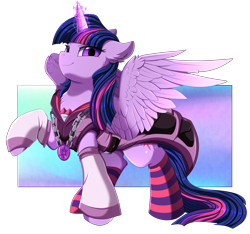 Size: 3680x3448 | Tagged: safe, artist:pridark, twilight sparkle, alicorn, pony, fanfic:dream-mix predawn, g4, badass, chains, chest fluff, clothes, ear fluff, female, glowing, glowing horn, high res, horn, jacket, jewelry, mare, necklace, pendant, socks, solo, spread wings, striped socks, twilight sparkle (alicorn), wings