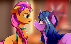 Size: 2676x1656 | Tagged: safe, artist:alexsc112, izzy moonbow, sunny starscout, earth pony, pony, unicorn, g5, duo, personal space invasion, scene interpretation, staring contest