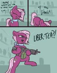 Size: 2340x3000 | Tagged: safe, artist:t72b, jasmine leaf, earth pony, pony, bait and switch, bipedal, comic, dialogue, eyes closed, female, gun, heart, high res, hoof hold, m249, machine gun, mare, meme, neckerchief, open mouth, pun, solo, weapon