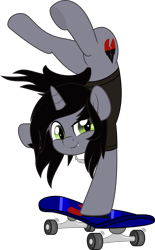 Size: 5000x8066 | Tagged: safe, artist:jhayarr23, pony, unicorn, clothes, commission, disguise, disguised siren, fangs, handstand, horn, jewelry, kellin quinn, male, necklace, ponified, shirt, simple background, skateboard, sleeping with sirens, slit pupils, smiling, solo, stallion, t-shirt, transparent background, upside down, vector, ych result