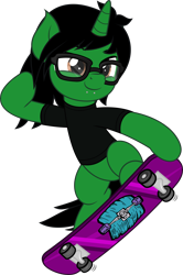 Size: 5000x7530 | Tagged: safe, artist:jhayarr23, oc, oc only, pony, unicorn, absurd resolution, bipedal, clothes, commission, glasses, horn, male, pierce the veil, piercing, ponified, shirt, simple background, skateboard, smiling, snake bites, solo, stallion, t-shirt, tony perry, transparent background, unicorn oc, vector, ych result