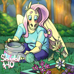 Size: 1500x1500 | Tagged: safe, artist:roseanon4, fluttershy, pegasus, anthro, g4, advertisement, digital art, flower, hoers, solo, sunlight, watering can
