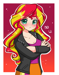 Size: 2520x3200 | Tagged: safe, artist:kittyrosie, sunset shimmer, equestria girls, :c, adorasexy, blushing, breasts, busty sunset shimmer, cleavage, clothes, crossed arms, cute, frown, high res, human coloration, jacket, leather jacket, looking at you, no u, sexy, shimmerbetes, solo, talking to viewer