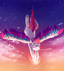 Size: 2232x2500 | Tagged: safe, artist:roseanon4, zipp storm, pegasus, pony, g5, blushing, cloud, crying, digital art, female, flying, high res, mare, sky, solo, spread wings, stars, wings