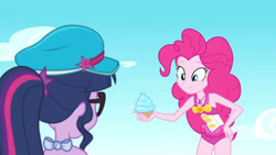 Size: 3410x1920 | Tagged: safe, screencap, pinkie pie, sci-twi, twilight sparkle, equestria girls, equestria girls series, forgotten friendship, g4, bare shoulders, clothes, cupcake, cute, diapinkes, duo, duo female, female, food, geode of sugar bombs, glasses, high res, jewelry, magical geodes, necklace, one-piece swimsuit, pinkie pie swimsuit, ponytail, sleeveless, smiling