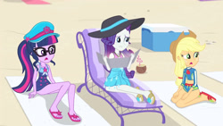 Size: 3410x1920 | Tagged: safe, screencap, applejack, rarity, sci-twi, twilight sparkle, equestria girls, equestria girls specials, g4, my little pony equestria girls: better together, my little pony equestria girls: forgotten friendship, applejack's hat, beach, beach chair, bikini, chair, clothes, cowboy hat, cutie mark, cutie mark on clothes, feet, female, geode of shielding, geode of super strength, geode of telekinesis, glasses, hat, high res, jewelry, magical geodes, midriff, necklace, one-piece swimsuit, open mouth, ponytail, sandals, sleeveless, swimsuit, trio, trio female