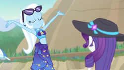 Size: 3410x1920 | Tagged: safe, screencap, rarity, trixie, equestria girls, equestria girls series, forgotten friendship, g4, armpits, beach, belly button, bikini, clothes, cutie mark, cutie mark on clothes, eyes closed, female, hat, high res, sarong, smiling, sun hat, sunglasses, swimsuit