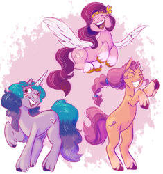 Size: 1016x1079 | Tagged: safe, artist:roseanon4, izzy moonbow, pipp petals, sunny starscout, earth pony, pegasus, pony, unicorn, g5, abstract background, bipedal, braid, duo, duo female, eyes closed, female, grin, mare, open mouth, raised hoof, smiling, spread wings, teeth, unshorn fetlocks, wings