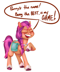 Size: 1250x1500 | Tagged: safe, artist:roseanon4, sunny starscout, earth pony, pony, g5, bag, digital art, doodle, female, mare, open mouth, proud, saddle bag, simple background, solo, speech bubble, teeth, transparent background, unshorn fetlocks