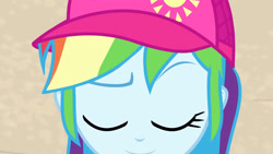 Size: 3410x1920 | Tagged: safe, screencap, rainbow dash, equestria girls, equestria girls specials, g4, my little pony equestria girls: better together, my little pony equestria girls: forgotten friendship, beach, cap, close-up, eyes closed, female, hat, high res, smiling, solo