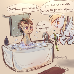 Size: 2700x2700 | Tagged: safe, artist:bubblepurity, derpy hooves, doctor whooves, time turner, earth pony, pony, unicorn, g4, bath, bathing, bathroom, bathtub, bubble, clothes, cosplay, costume, doodle, female, flying, high res, male, necktie, ship:doctorderpy, shipping, sketch, straight, towel