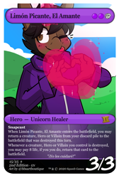 Size: 936x1397 | Tagged: safe, artist:bbsartboutique, oc, oc only, oc:limón picante, unicorn, anthro, card game, heart, magic, solo