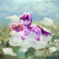 Size: 2700x2700 | Tagged: safe, artist:bubblepurity, twilight sparkle, alicorn, pony, g4, book, cloud, crossed hooves, cute, daring do book, female, glowing, glowing horn, high res, horn, levitation, lying down, lying on a cloud, magic, mare, on a cloud, ponyville, reading, relaxing, sitting, solo, telekinesis, twiabetes, twilight sparkle (alicorn)