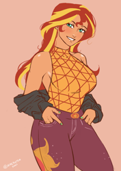 Size: 1240x1754 | Tagged: safe, artist:nire, sunset shimmer, equestria girls, g4, bare shoulders, blushing, breasts, busty sunset shimmer, clothes, curvy, female, jacket, looking at you, music festival outfit, nail polish, sideboob, smiling, smiling at you