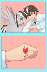 Size: 2560x3936 | Tagged: safe, artist:vincent t, oc, oc only, oc:raxella gessu, human, pegasus, pony, fangs, high res, interspecies selfcest, love, oc x oc, pegasus oc, pegasus wings, self ponidox, selfcest, shipping, spread wings, wing open, wingboner, wings