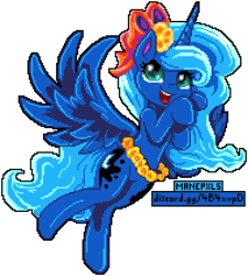 Size: 950x1055 | Tagged: safe, artist:dasheroni, artist:kp-shadowsquirrel, princess luna, alicorn, pony, g4, bow, female, flower, flower in hair, hair bow, looking at you, manepxls, mare, open mouth, pixel art, pxls.space, raised hoof, side view, simple background, smiling, solo, transparent background, wings
