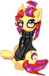 Size: 910x1407 | Tagged: safe, artist:dstears, artist:epicvon, moondancer, pony, unicorn, g4, clothes, cute, dancerbetes, female, glasses, looking at you, manepxls, mare, pixel art, pxls.space, simple background, sitting, solo, sweater, transparent background