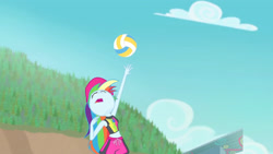 Size: 3410x1920 | Tagged: safe, screencap, rainbow dash, equestria girls, equestria girls specials, g4, my little pony equestria girls: better together, my little pony equestria girls: forgotten friendship, beach, cap, clothes, eyes closed, female, geode of super speed, hat, high res, magical geodes, nose in the air, open mouth, rainbow dash is best facemaker, sleeveless, solo, sports, swimming trunks, swimsuit, volleyball