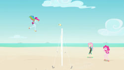 Size: 3410x1920 | Tagged: safe, screencap, fluttershy, pinkie pie, rainbow dash, equestria girls, equestria girls specials, g4, my little pony equestria girls: better together, my little pony equestria girls: forgotten friendship, beach, cap, clothes, eyes closed, female, fluttershy's wetsuit, geode of fauna, geode of sugar bombs, hairpin, hat, high res, magical geodes, one-piece swimsuit, open mouth, sleeveless, sports, swimming trunks, swimsuit, trio, trio female, volleyball, volleyball net, wetsuit