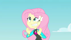 Size: 3410x1920 | Tagged: safe, screencap, fluttershy, equestria girls, equestria girls specials, g4, my little pony equestria girls: better together, my little pony equestria girls: forgotten friendship, clothes, female, fluttershy's wetsuit, geode of fauna, gritted teeth, hairpin, high res, jewelry, magical geodes, necklace, solo, swimsuit, teeth, wetsuit