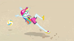 Size: 3410x1920 | Tagged: safe, screencap, rainbow dash, equestria girls, equestria girls series, forgotten friendship, g4, beach, cap, clothes, feet, female, geode of super speed, hat, high res, jewelry, legs, magical geodes, midriff, necklace, open mouth, sandals, sleeveless, solo, sports, swimming trunks, swimsuit, toes, volleyball