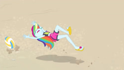 Size: 3410x1920 | Tagged: safe, screencap, rainbow dash, equestria girls, equestria girls series, forgotten friendship, g4, beach, cap, clothes, eyes closed, feet, female, geode of super speed, hat, high res, jewelry, magical geodes, midriff, necklace, open mouth, rainbow dash is best facemaker, sandals, sleeveless, solo, sports, swimming trunks, swimsuit, toes, volleyball