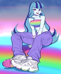 Size: 1088x1320 | Tagged: safe, artist:nairdags, sonata dusk, equestria girls, g4, bare shoulders, belly button, bracelet, breasts, busty sonata dusk, choker, clothes, female, happy, jewelry, open mouth, open smile, pants, rainbow, shoes, sleeveless, smiling, sneakers, solo, stars, strapless, sweatpants, tube top