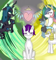 Size: 2021x2160 | Tagged: safe, artist:houl2902, princess celestia, queen chrysalis, alicorn, changeling, pony, unicorn, g4, cape, clothes, crown, eyes open, female, guard, hat, heart, high res, jewelry, male, mare, regalia, stallion, wizard hat